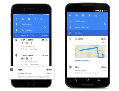 Indicazioni del tempo di attesa e del costo di un'auto Uber in Google Maps