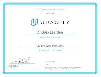 Certificato Mobile Web Specialist di Udacity rilasciato ad Andrea Leardini
