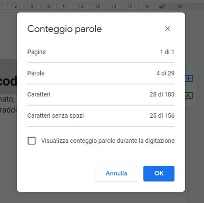 Finestra conteggio parole