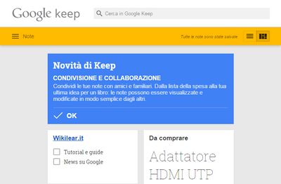 Google Keep aperto con lapp per Chrome