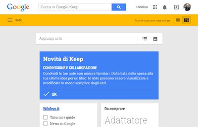 Google Keep aperto dalla pagina web
