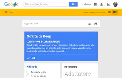 Google Keep aperto dalla pagina web