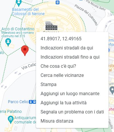 Menu di scelta rapida, la prima voce riporta le coordinate del luogo